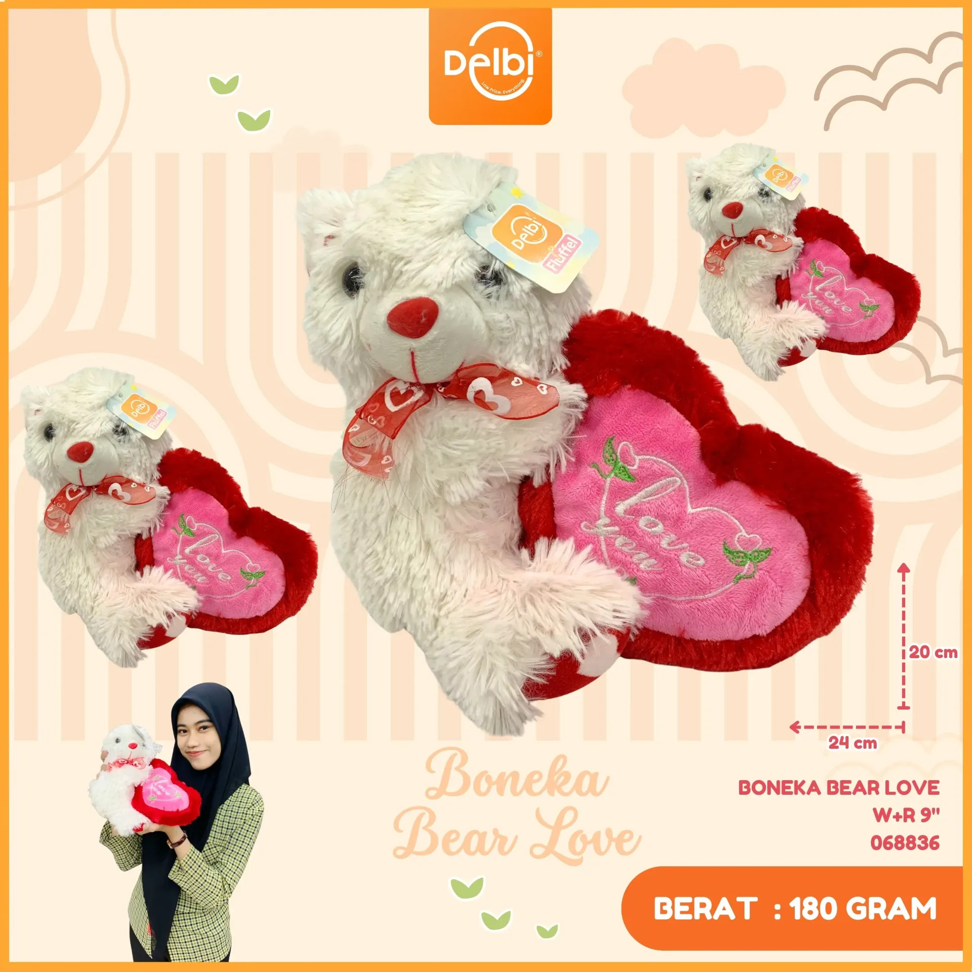 [068836] BONEKA BEAR LOVE W+R 9"