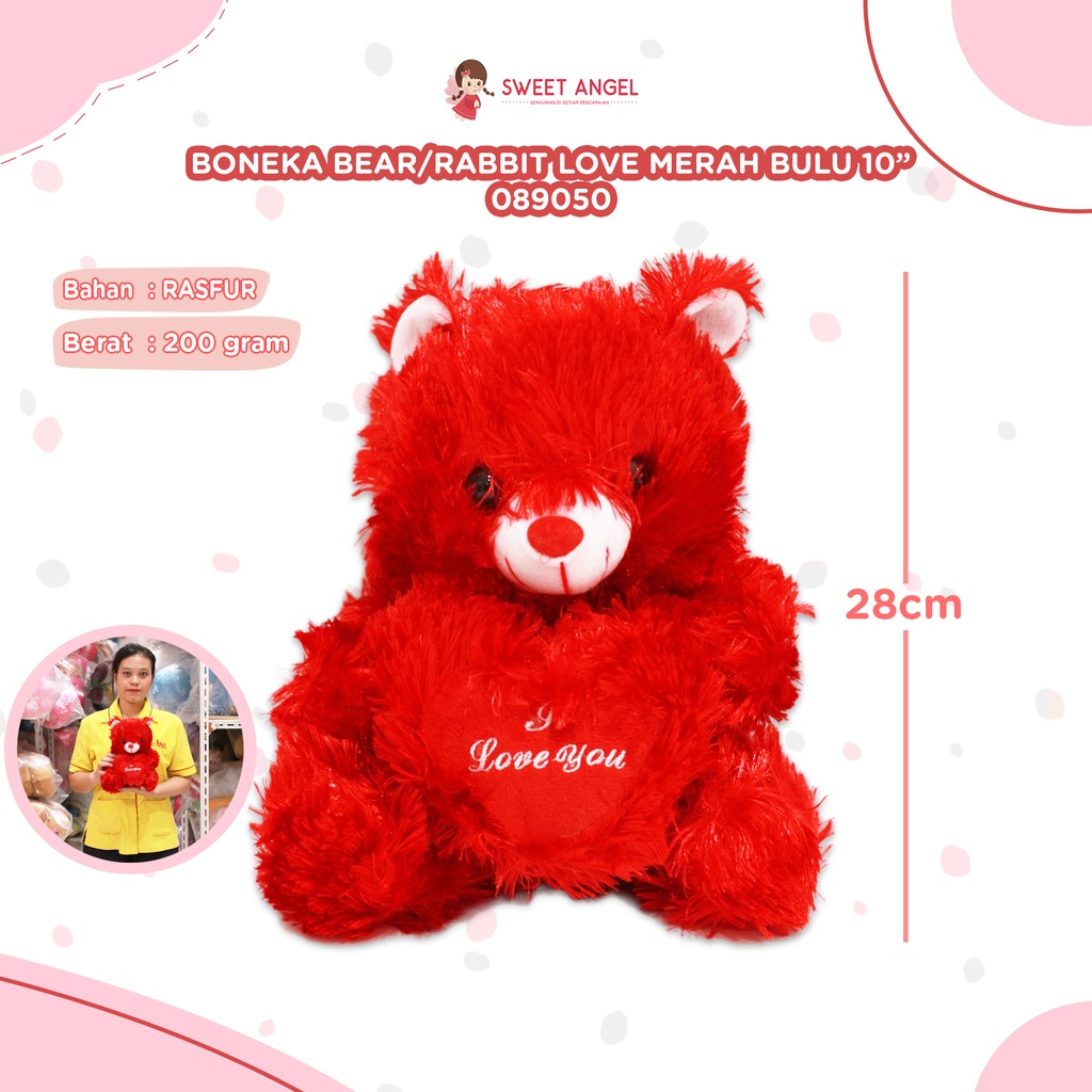 [089050] BONEKA BEAR/RABBIT LOVE MERAH BULU 10"