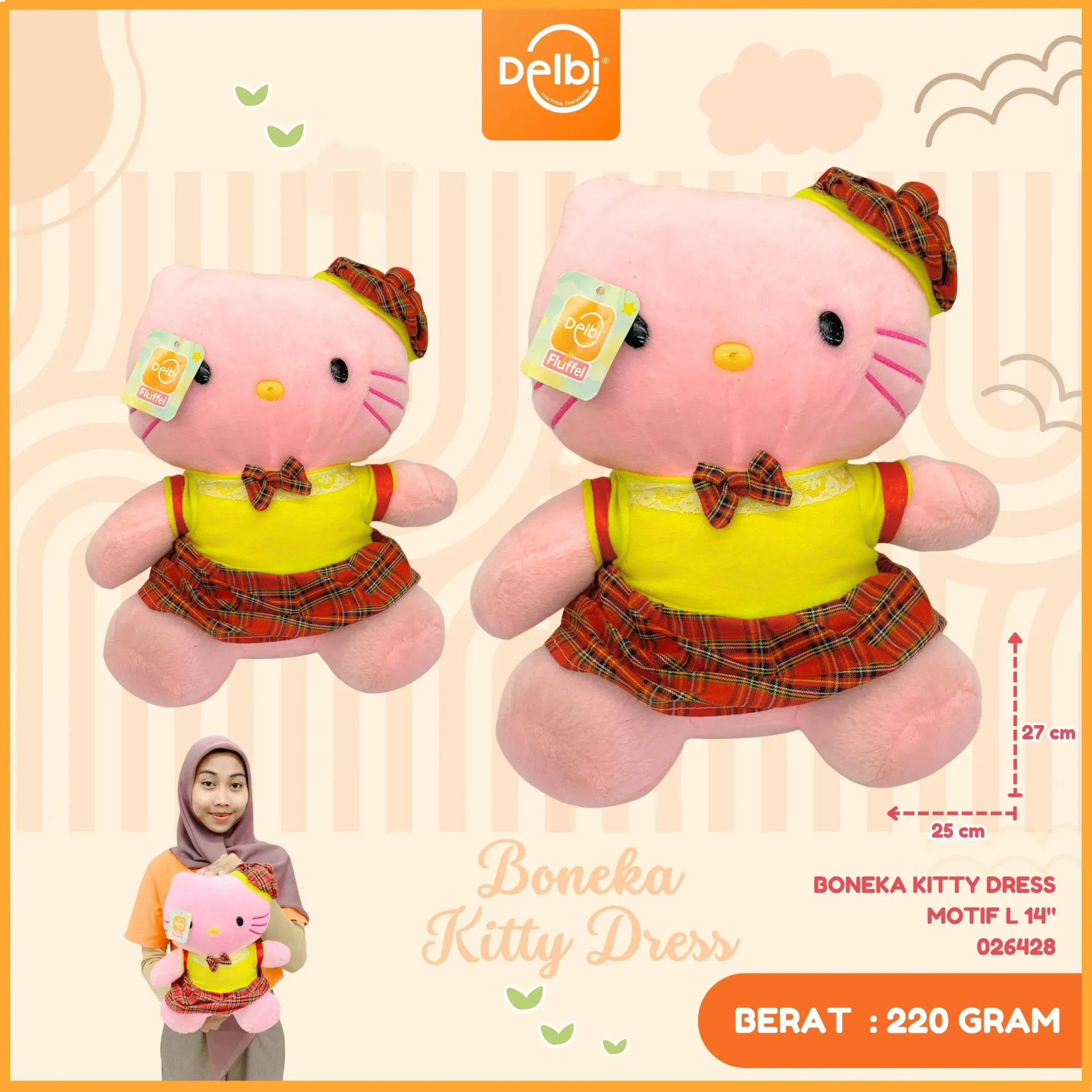 BONEKA KITTY DRESS MOTIF L 14"