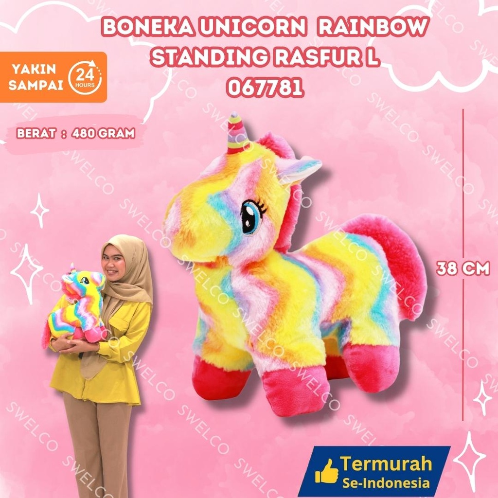 BONEKA UNICORN RAINBOW STANDING RASFUR L WARNA WARNI BERBULU DUDUK PONY KUDA BESAR
