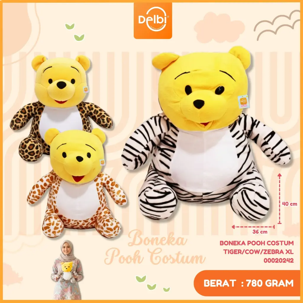 BONEKA POOH COSTUM TIGER/COW/ZEBRA XL