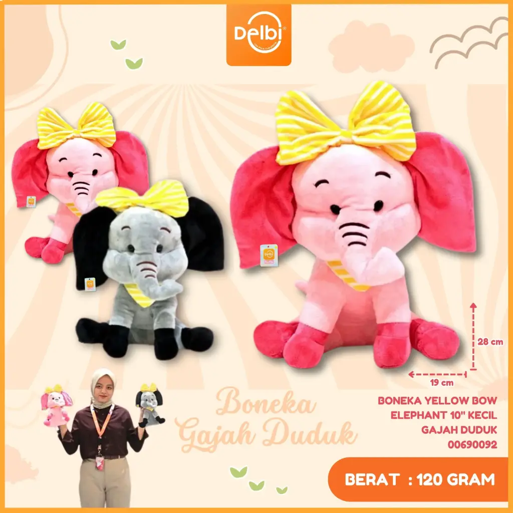 [00690092] BONEKA YELLOW BOW ELEPHANT 10" KECIL GAJAH DUDUK
