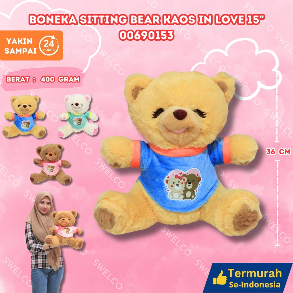 [00690153] BONEKA SITTING BEAR KAOS IN LOVE 15" SEDANG DUDUK