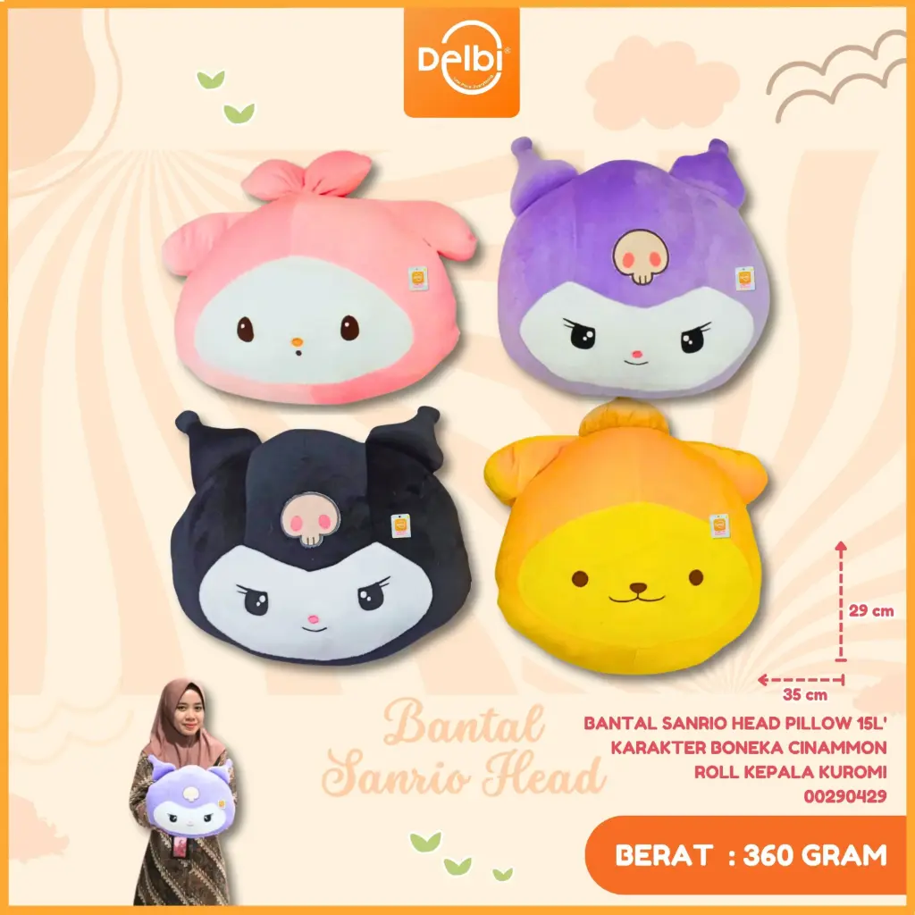 [00290429] BANTAL SANRIO HEAD PILLOW 15L' KARAKTER BONEKA CINAMMON ROLL KEPALA KUROMI