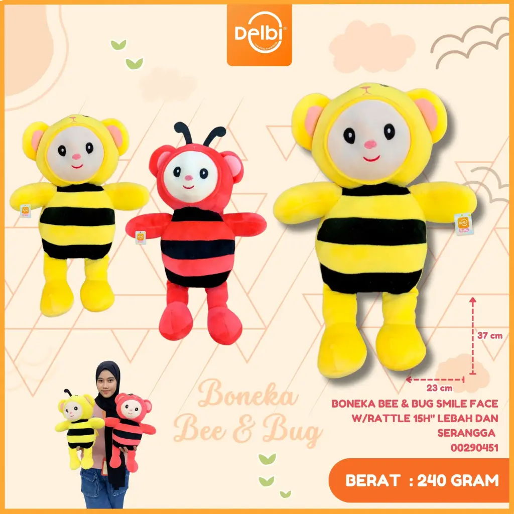 [00290451] BONEKA BEE & BUG SMILE FACE W/RATTLE 15H" LEBAH DAN SERANGGA