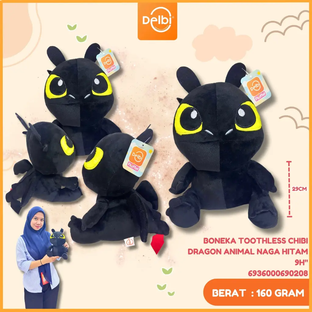 [6936000690208] BONEKA TOOTHLESS CHIBI DRAGON ANIMAL NAGA HITAM 9H"
