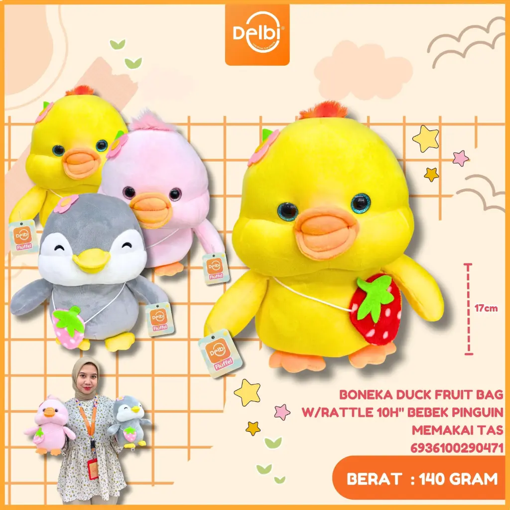 [6936100290471] BONEKA DUCK FRUIT BAG W/RATTLE 10H" BEBEK PINGUIN MEMAKAI TAS