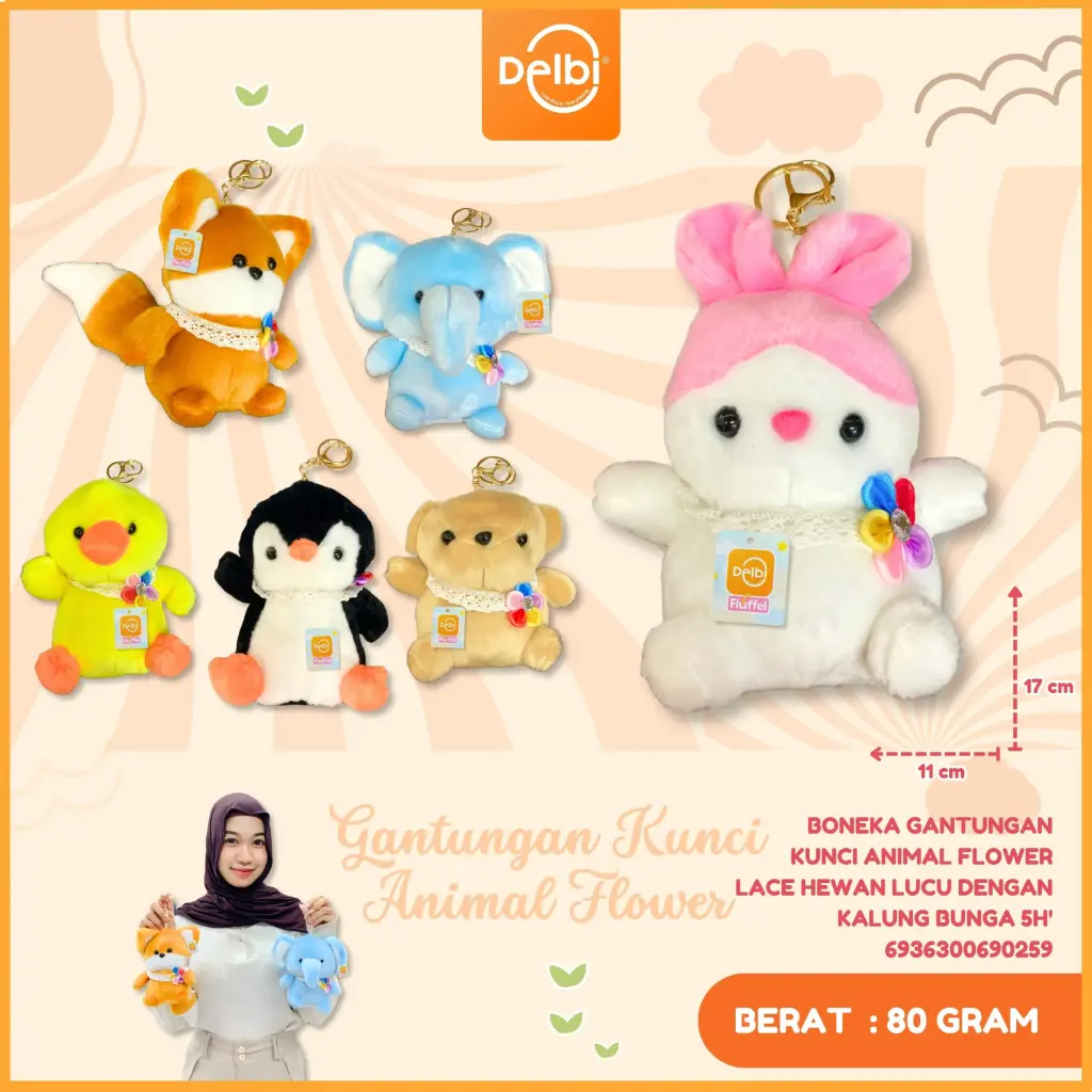 [6936300690259] Boneka Gantungan Kunci Animal Flower Lace Hewan Lucu dengan Kalung Bunga 5h'