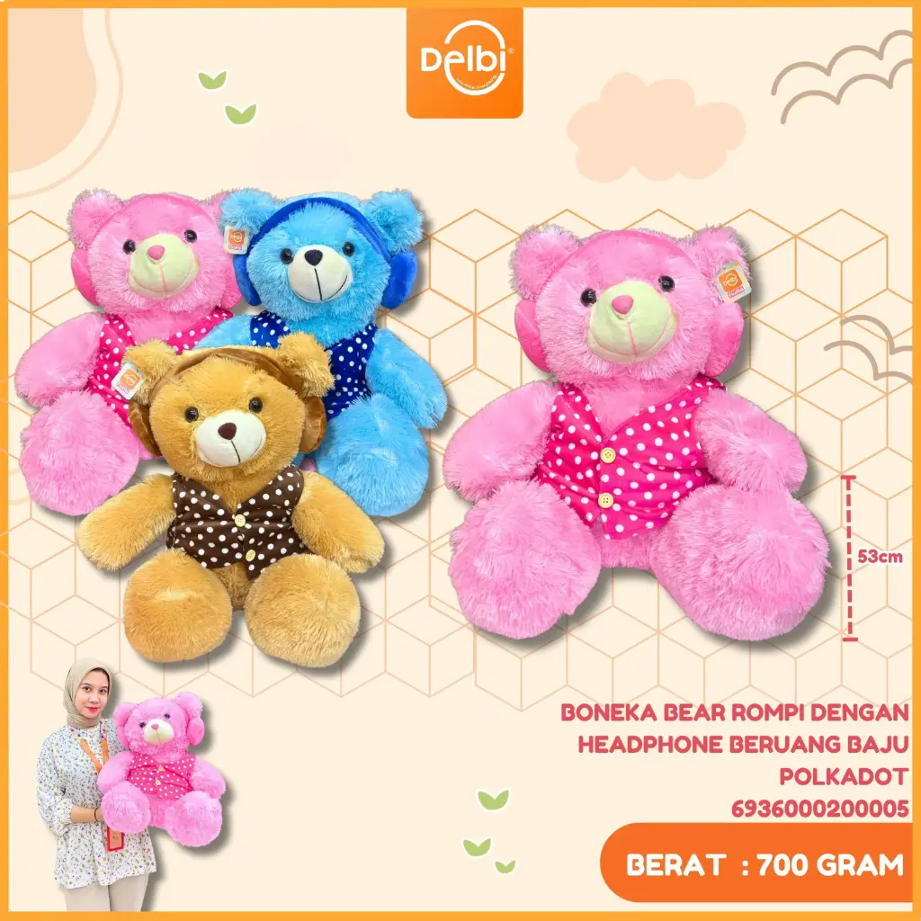 [6936000200005] BONEKA BEAR ROMPI DENGAN HEADPHONE BERUANG BAJU POLKADOT XL