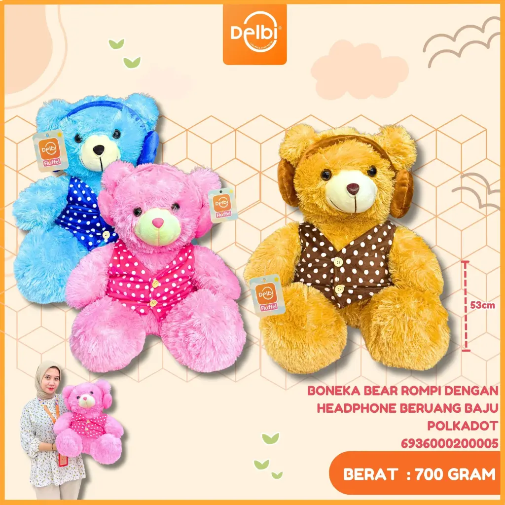BONEKA BEAR ROMPI DENGAN HEADPHONE BERUANG BAJU POLKADOT