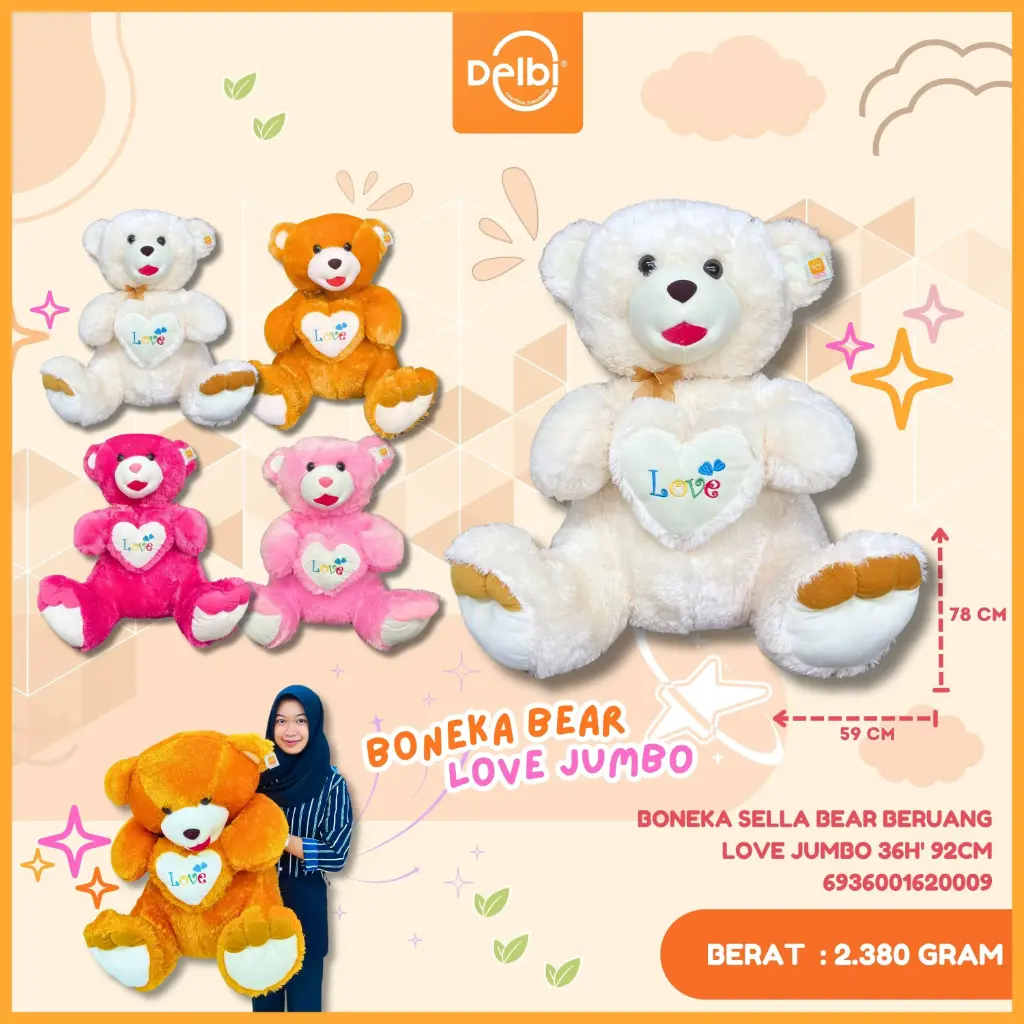 [6936001620009] BONEKA SELLA BEAR BERUANG LOVE JUMBO 36H' 92CM