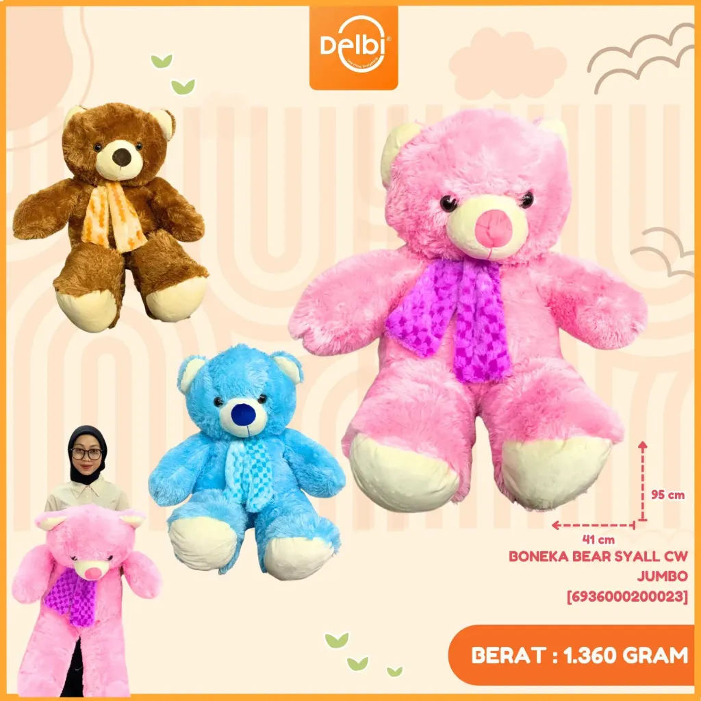 [6936000200023] BONEKA BEAR SYALL CW JUMBO BERUANG DENGAN SYALL PANJANG LUCU