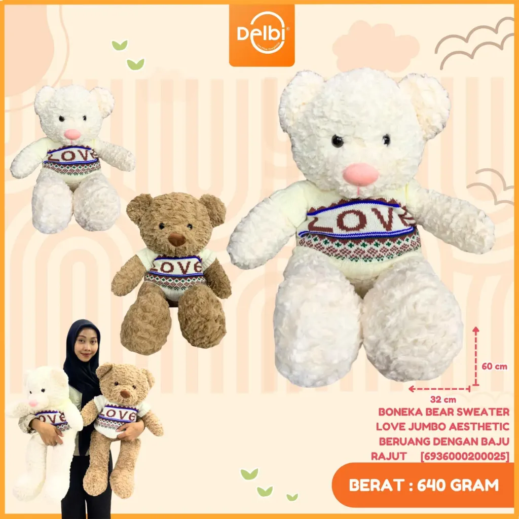 [6936000200025] BONEKA BEAR SWEATER LOVE JUMBO AESTHETIC BERUANG DENGAN BAJU RAJUT