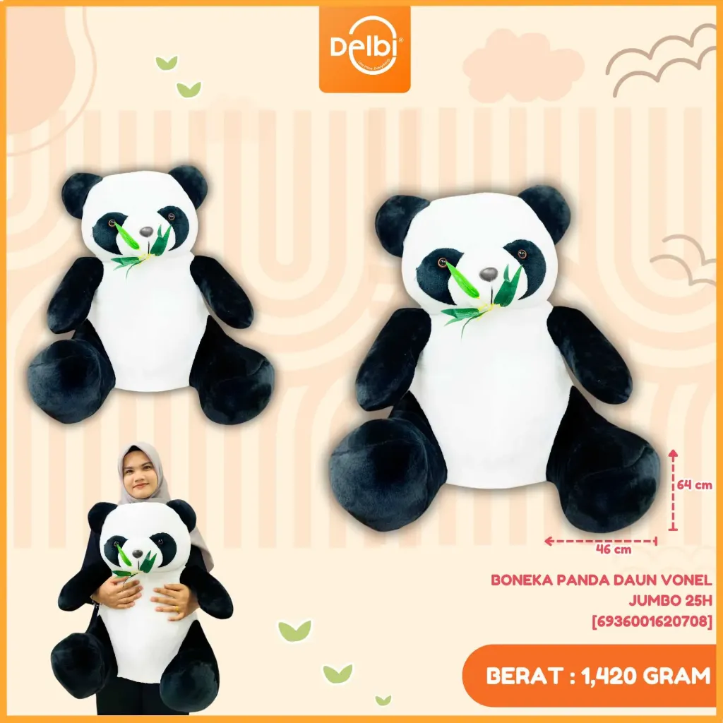 [6936001620708] BONEKA PANDA DAUN VONEL JUMBO 25H