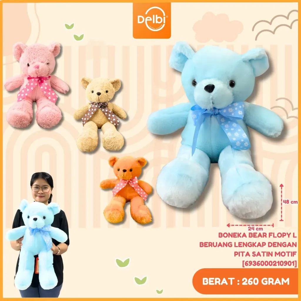 BONEKA BEAR FLOPY L BERUANG LENGKAP DENGAN PITA SATIN MOTIF