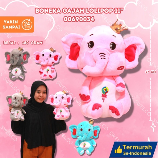 [00690034] BONEKA GAJAH LOLIPOP 11"