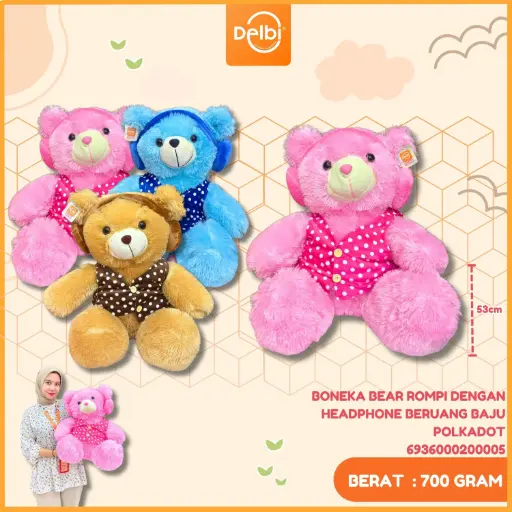 [6936000200005] BONEKA BEAR ROMPI DENGAN HEADPHONE BERUANG BAJU POLKADOT